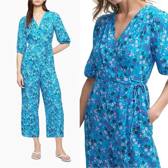 Calvin Klein Short Sleeve Wrap Neckline Jumpsuit Floral One Piece Cerulean 4 - Picture 1 of 9